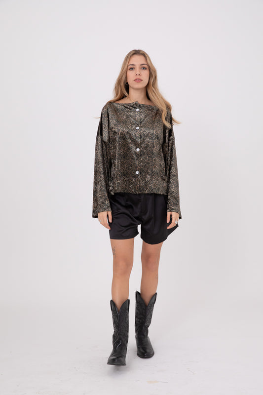 Leopard Green Japanese Velvet Shirt with Round Crystal Buttons POPA