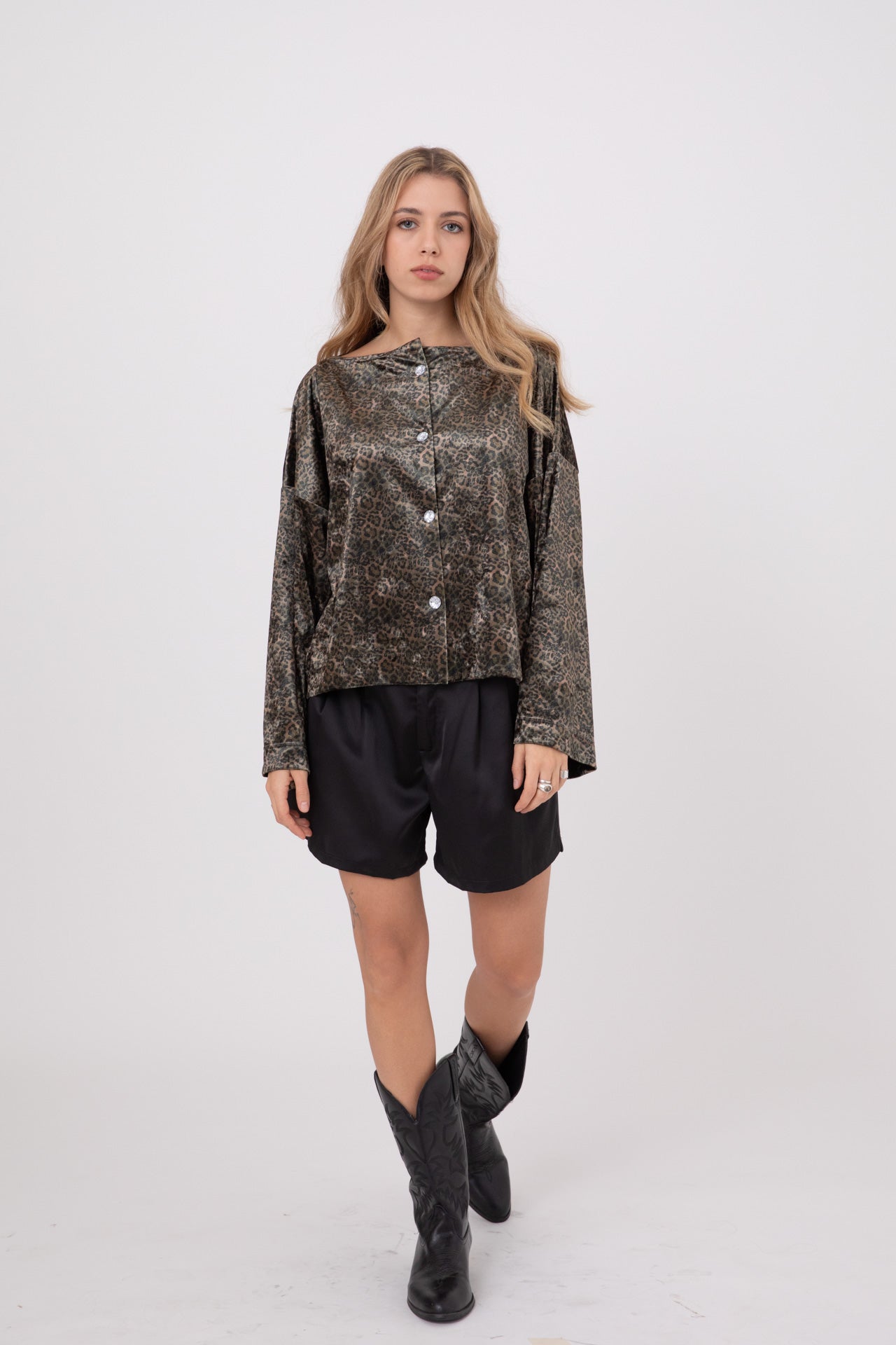 Leopard Green Japanese Velvet Shirt with Round Crystal Buttons POPA