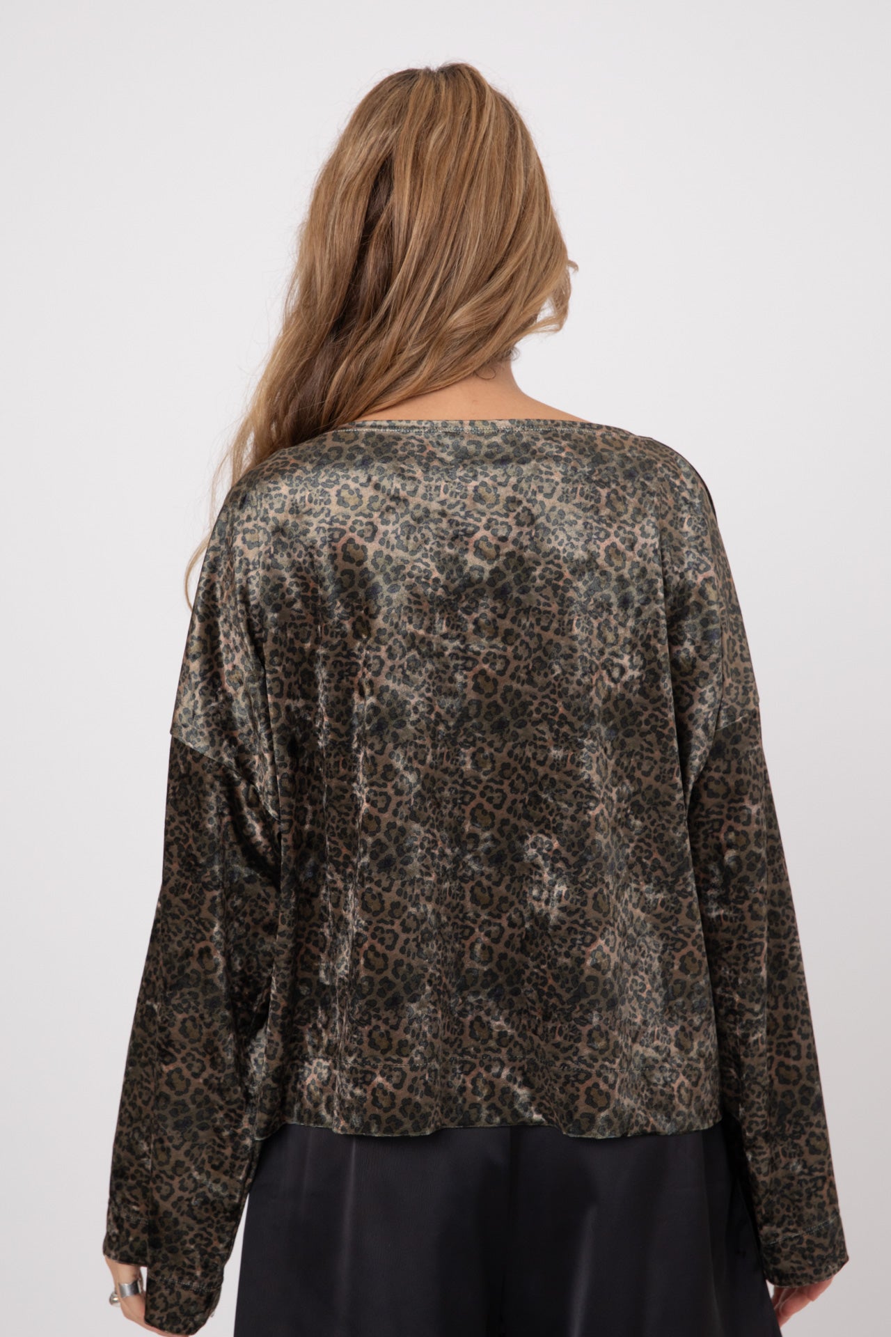 Leopard Green Japanese Velvet Shirt with Round Crystal Buttons POPA