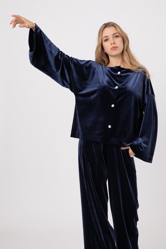 Blue Japanese Velvet Shirt with Round Crystal Buttons POPA