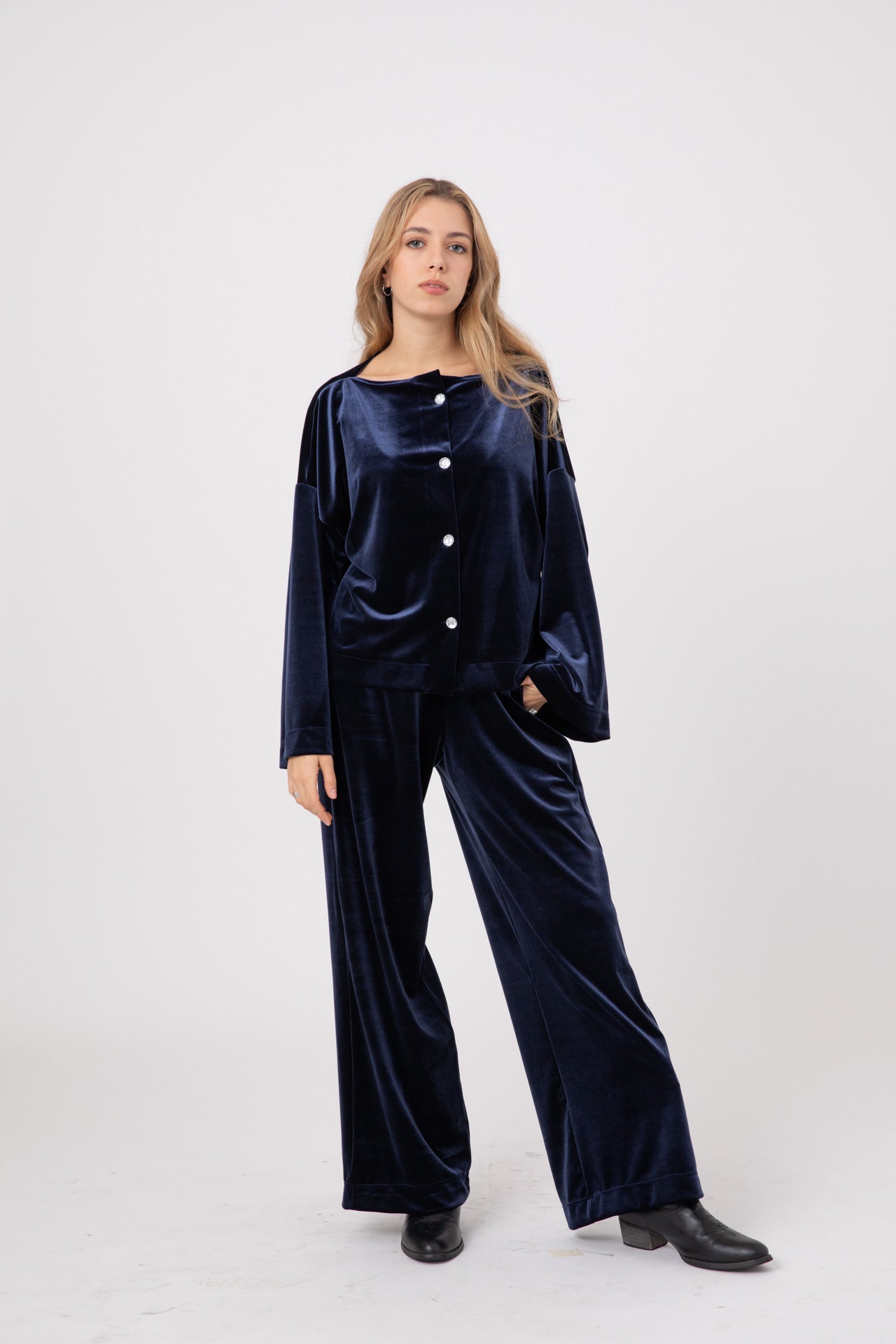 Blue Japanese Velvet Shirt with Round Crystal Buttons POPA
