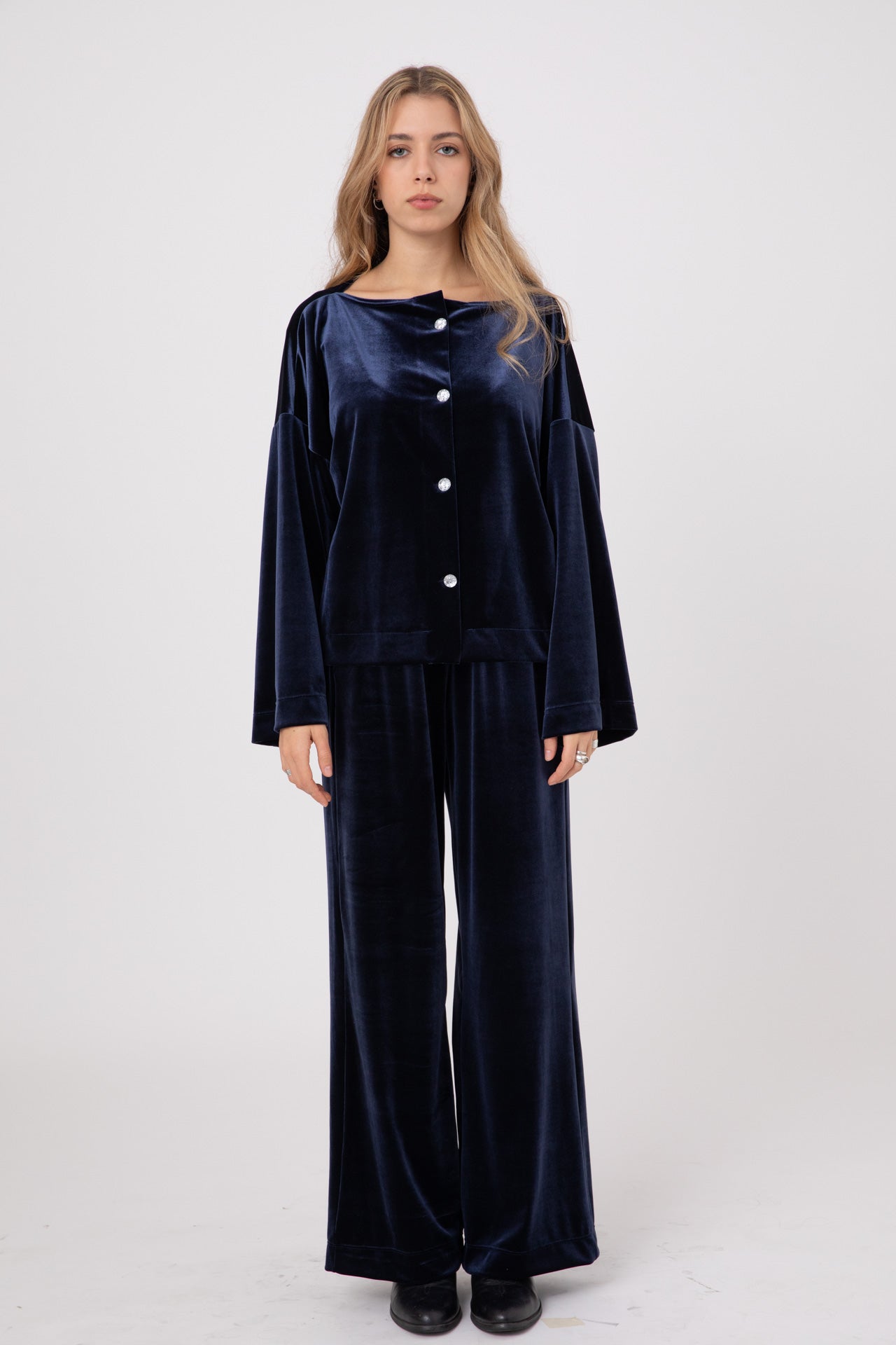 Blue Japanese Velvet Shirt with Round Crystal Buttons POPA