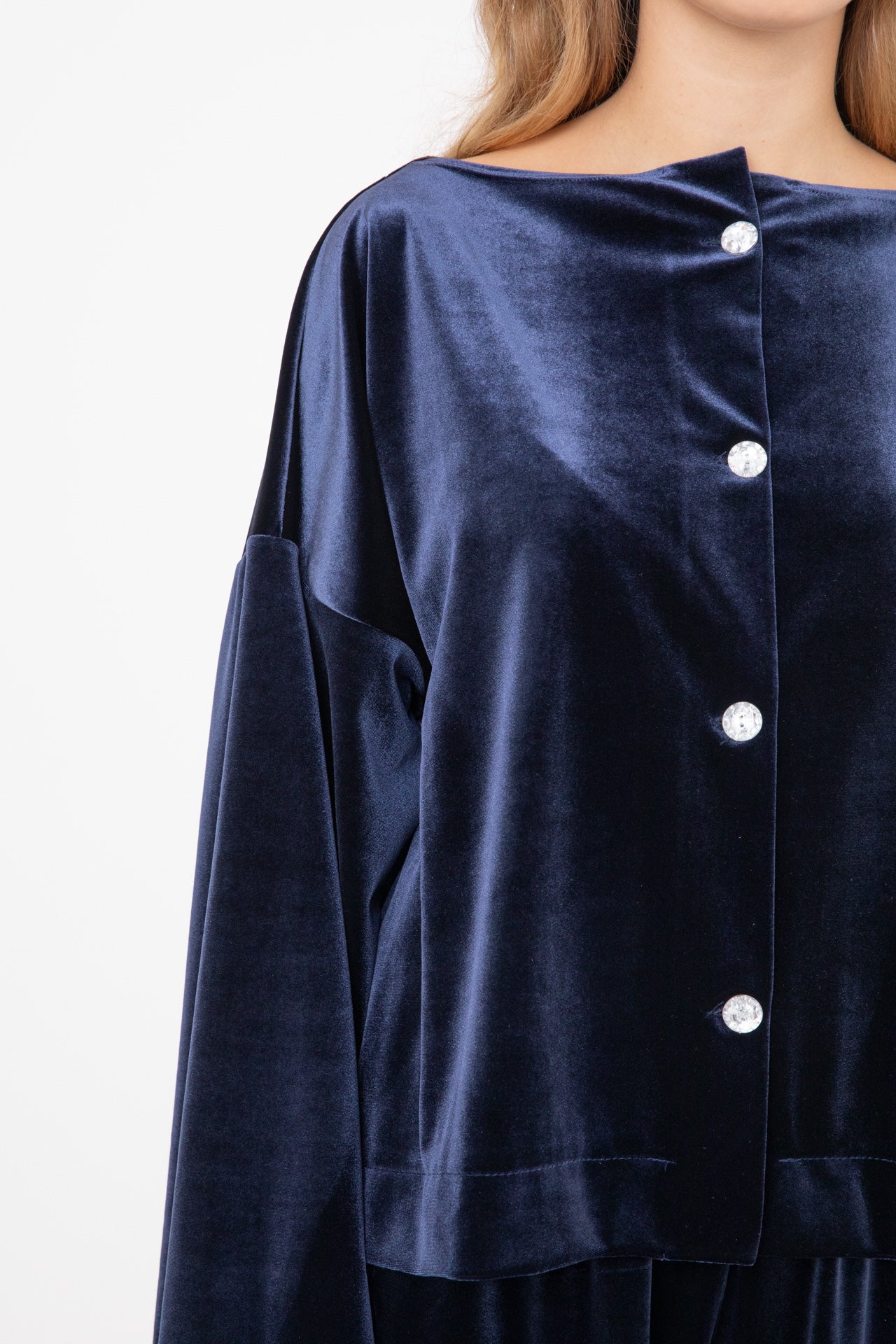 Blue Japanese Velvet Shirt with Round Crystal Buttons POPA