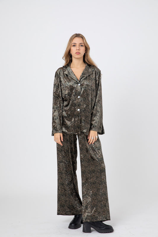 Green Leopard-Print Notch Collar Shirt in Premium Japanese Velvet