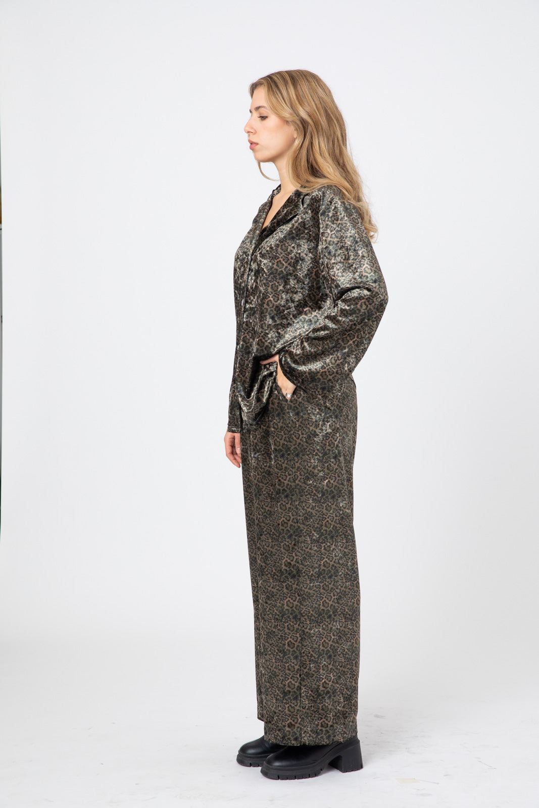 Green Leopard-Print Notch Collar Shirt in Premium Japanese Velvet