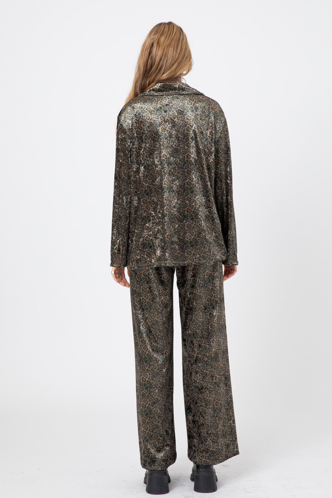 Green Leopard-Print Notch Collar Shirt in Premium Japanese Velvet
