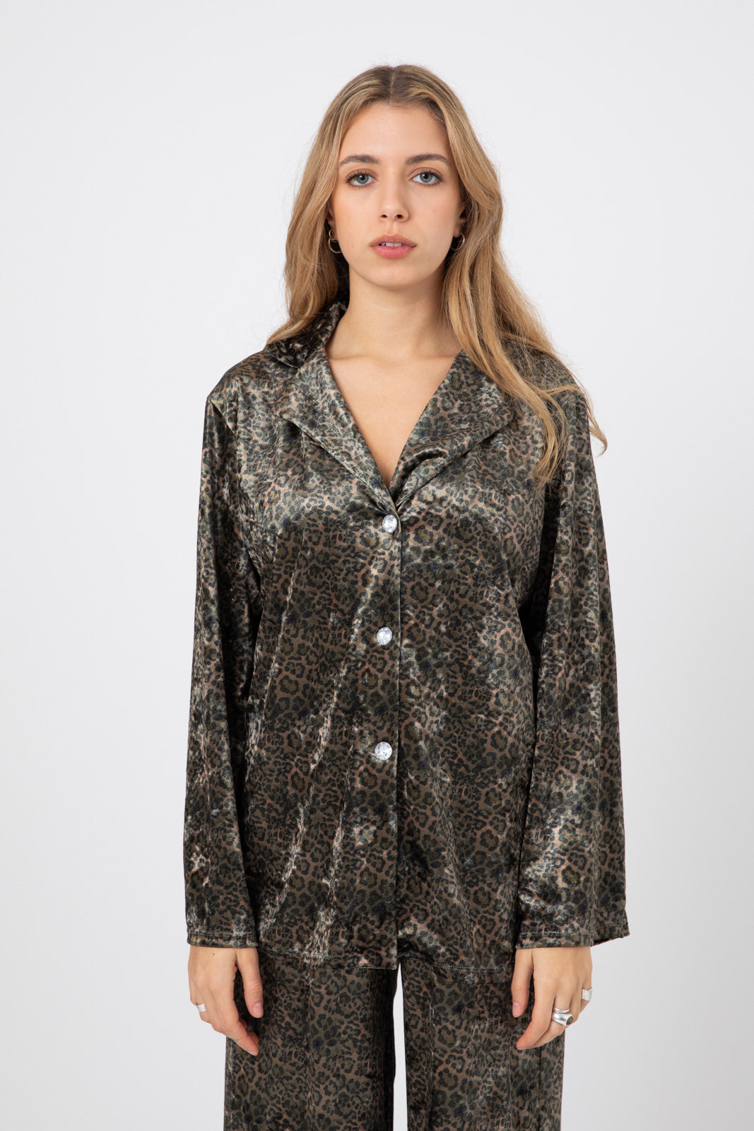 Green Leopard-Print Notch Collar Shirt in Premium Japanese Velvet