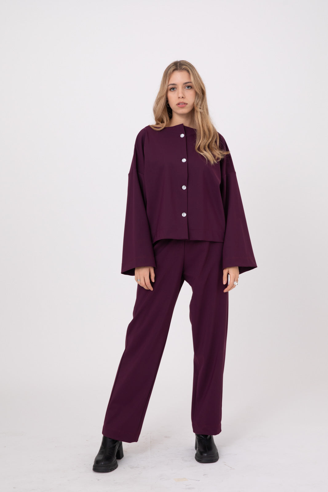 Purple Eggplant Popo Shirt jacket with crystal buttons