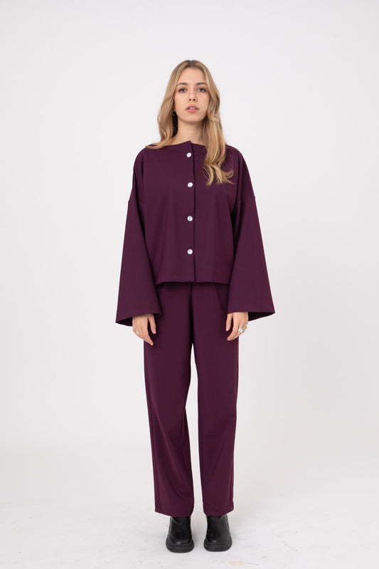 Purple Eggplant Double layer Lycra Straight fit pants