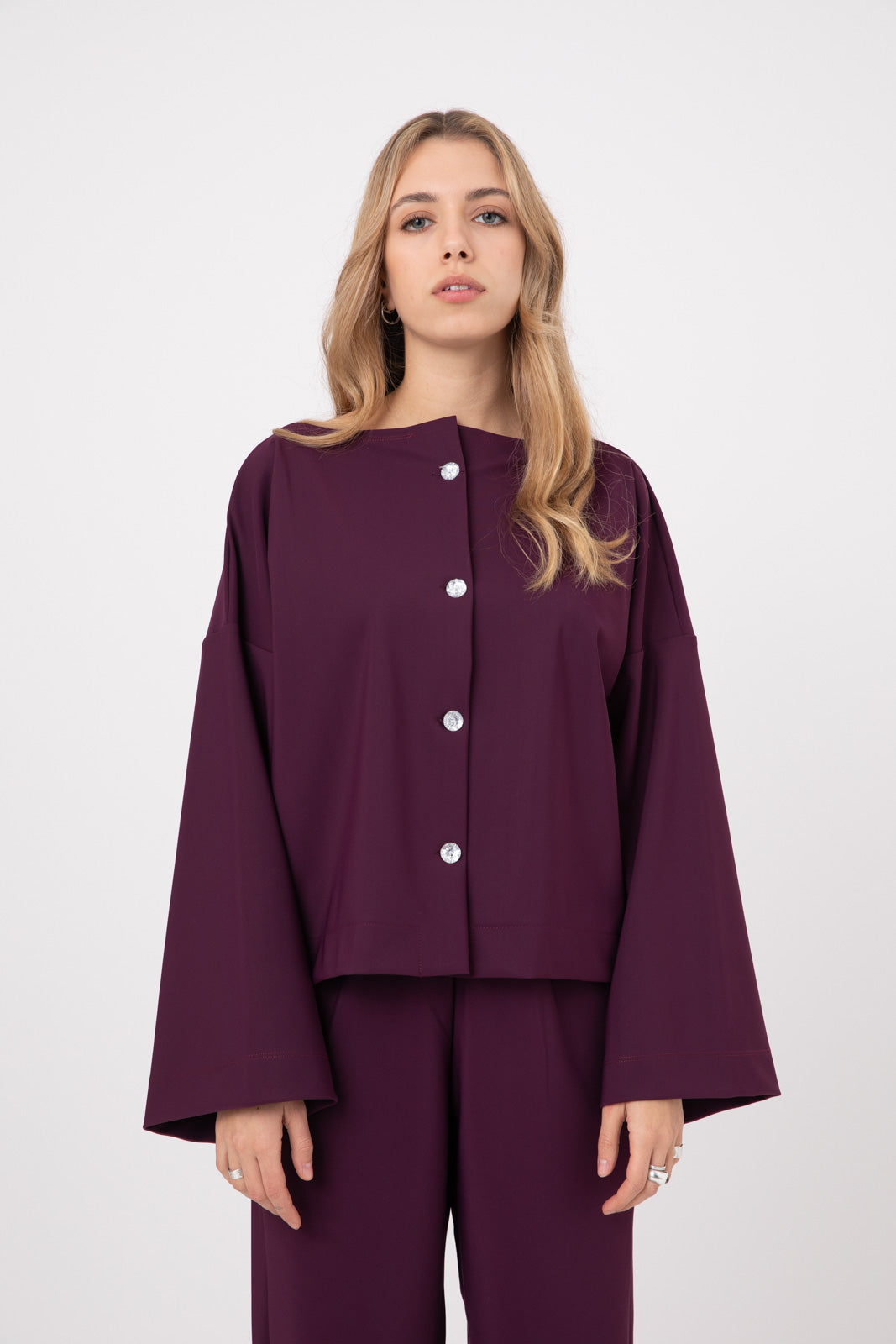 Purple Eggplant Popo Shirt jacket with crystal buttons