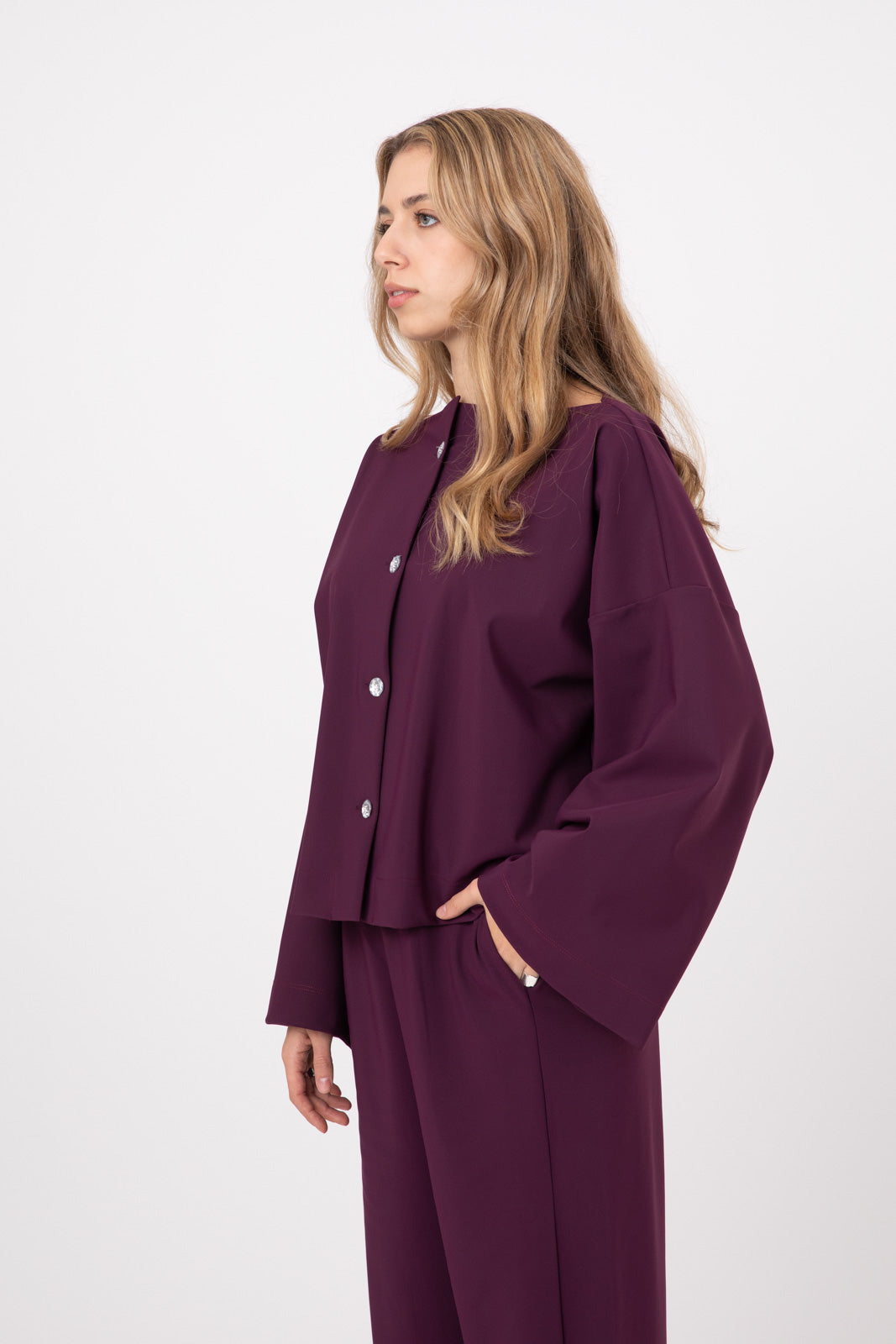 Purple Eggplant Popo Shirt jacket with crystal buttons