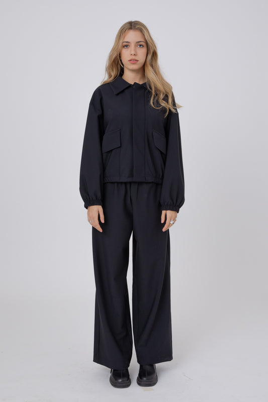 Black Double -Layer Lycra ERO Wide Leg Pants