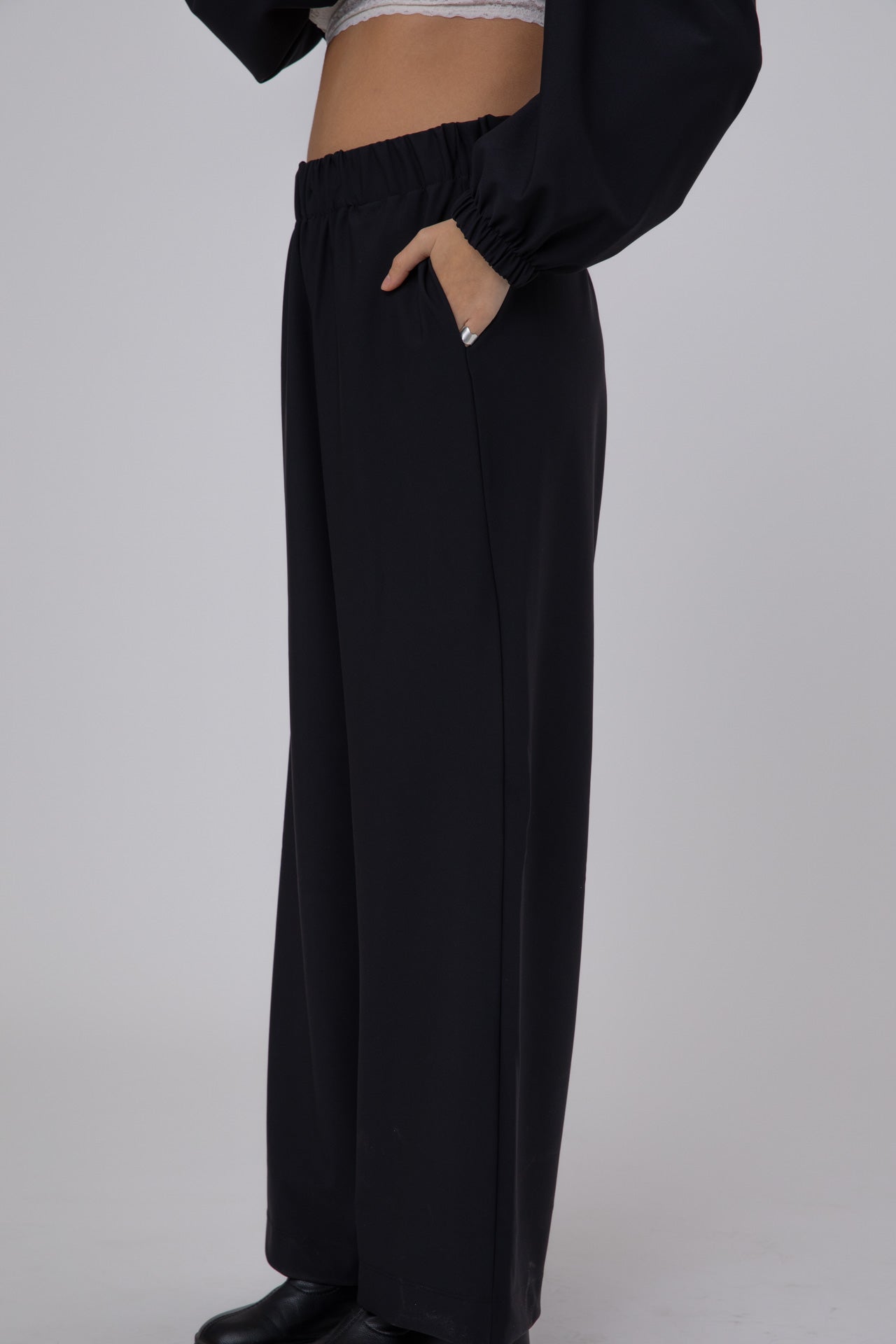 Black Double -Layer Lycra ERO Wide Leg Pants