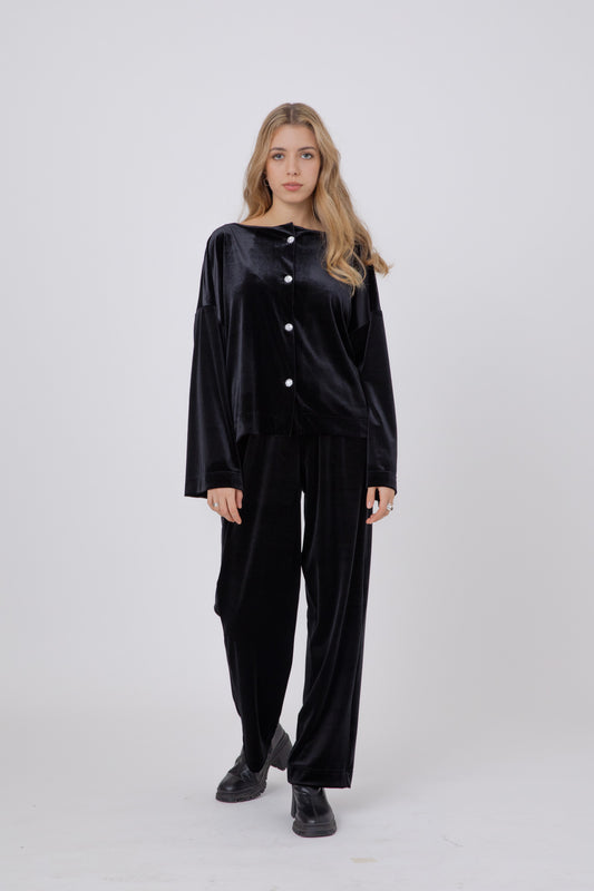 Black Japanese Velvet Shirt with Round Crystal Buttons POPA
