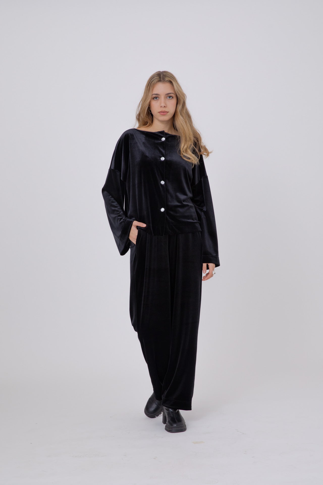 Black Japanese Velvet Shirt with Round Crystal Buttons POPA