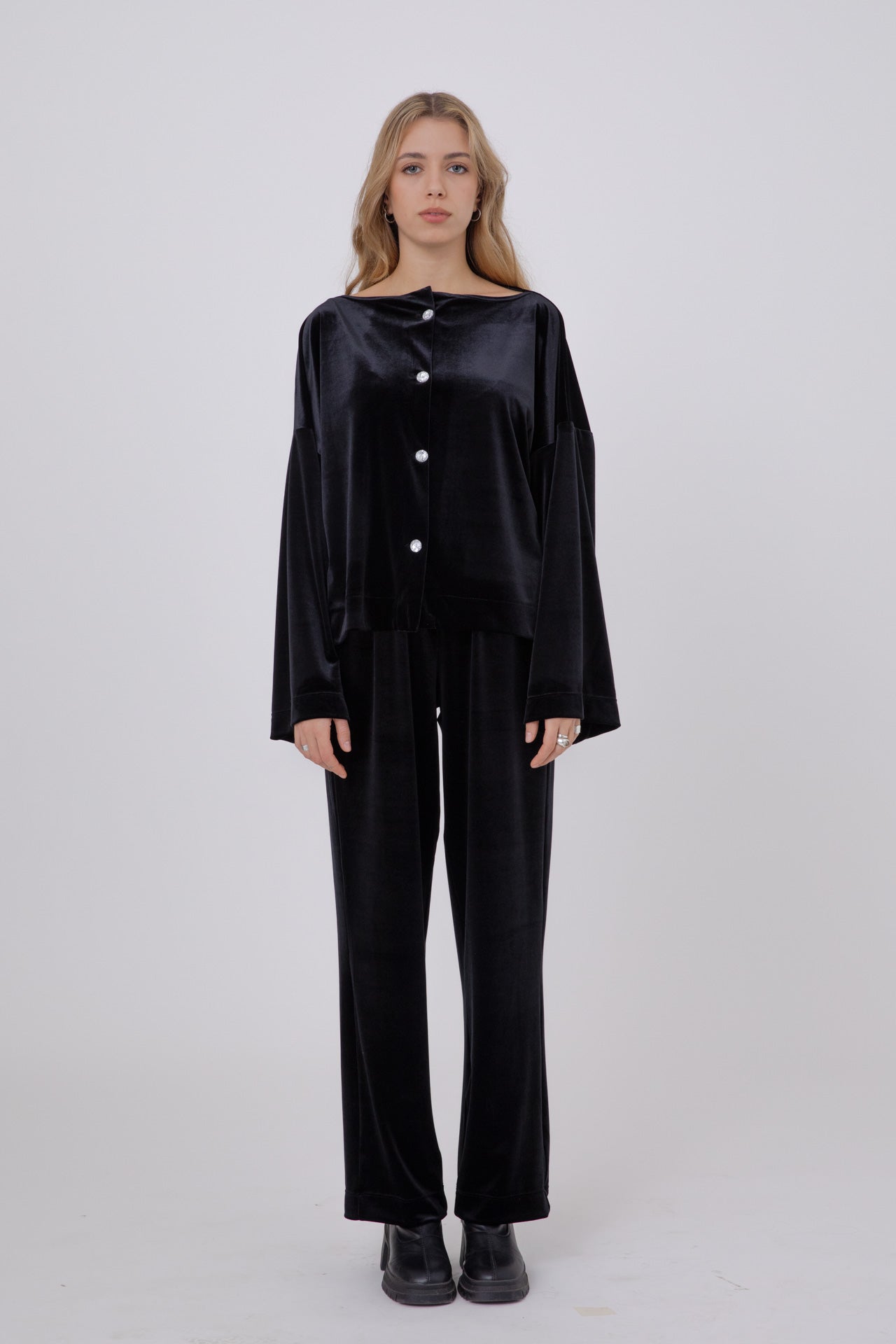 Black Japanese Velvet Shirt with Round Crystal Buttons POPA