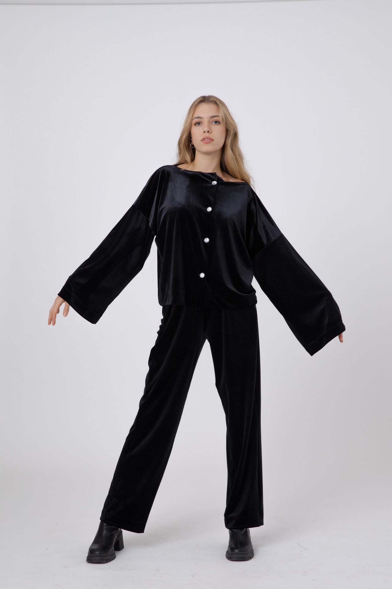 Black Japanese Velvet Shirt with Round Crystal Buttons POPA