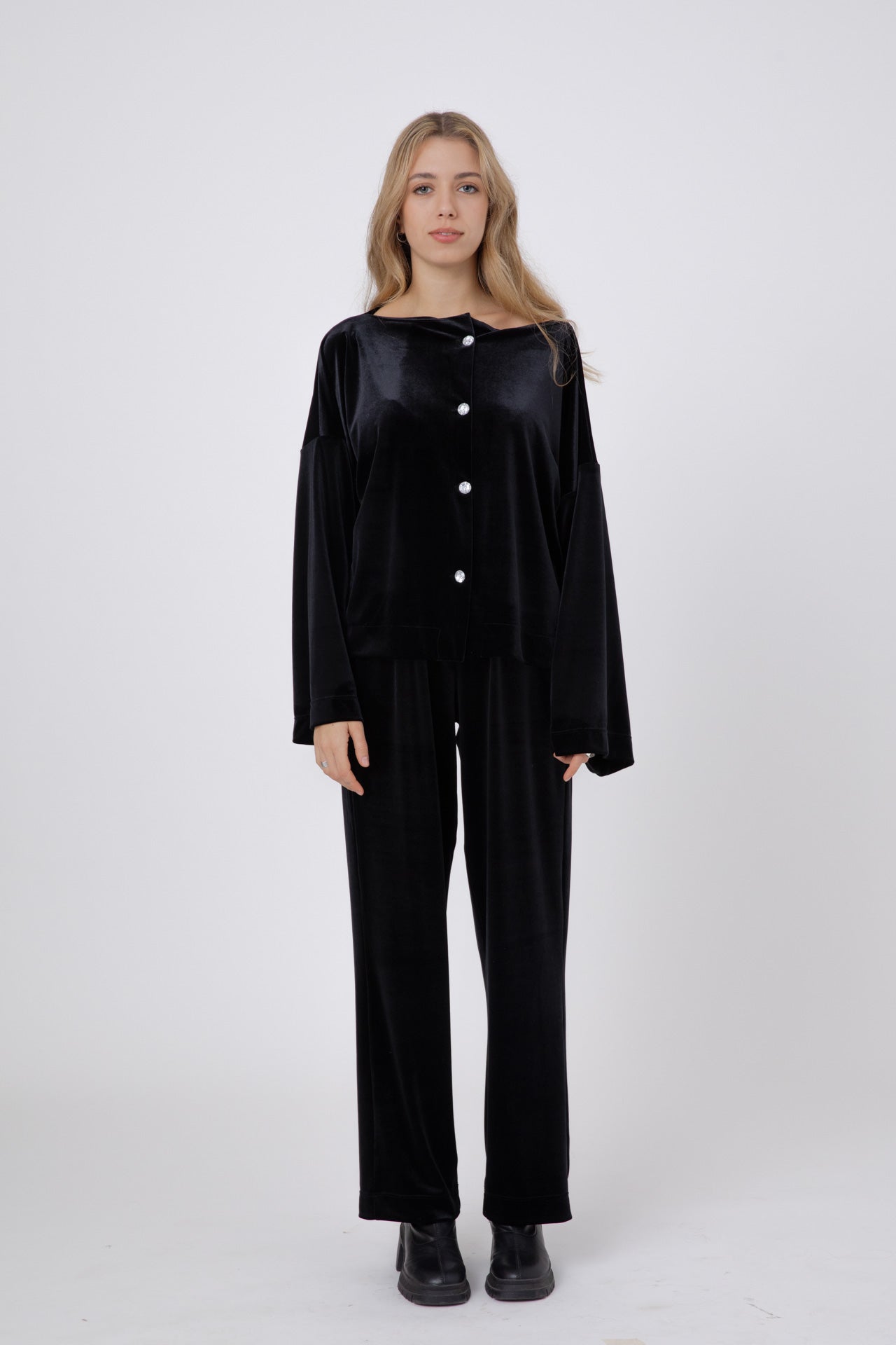 Black Japanese Velvet Shirt with Round Crystal Buttons POPA
