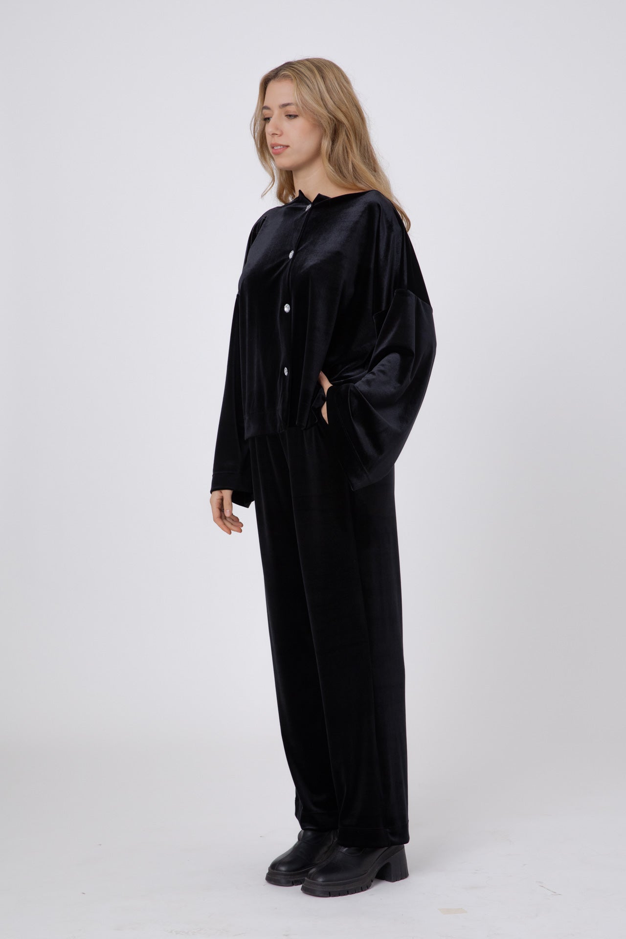 Black Japanese Velvet Shirt with Round Crystal Buttons POPA
