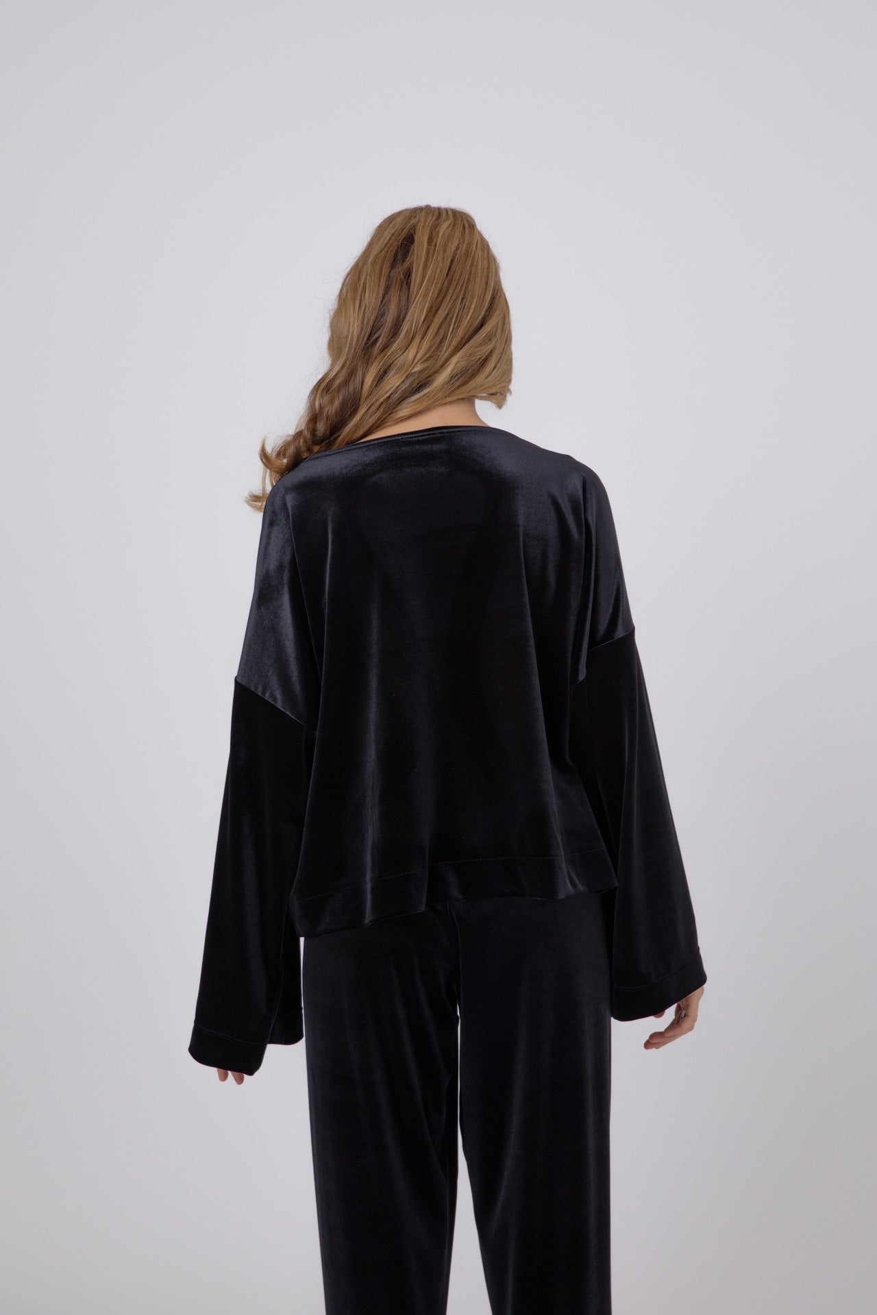 Black Japanese Velvet Shirt with Round Crystal Buttons POPA
