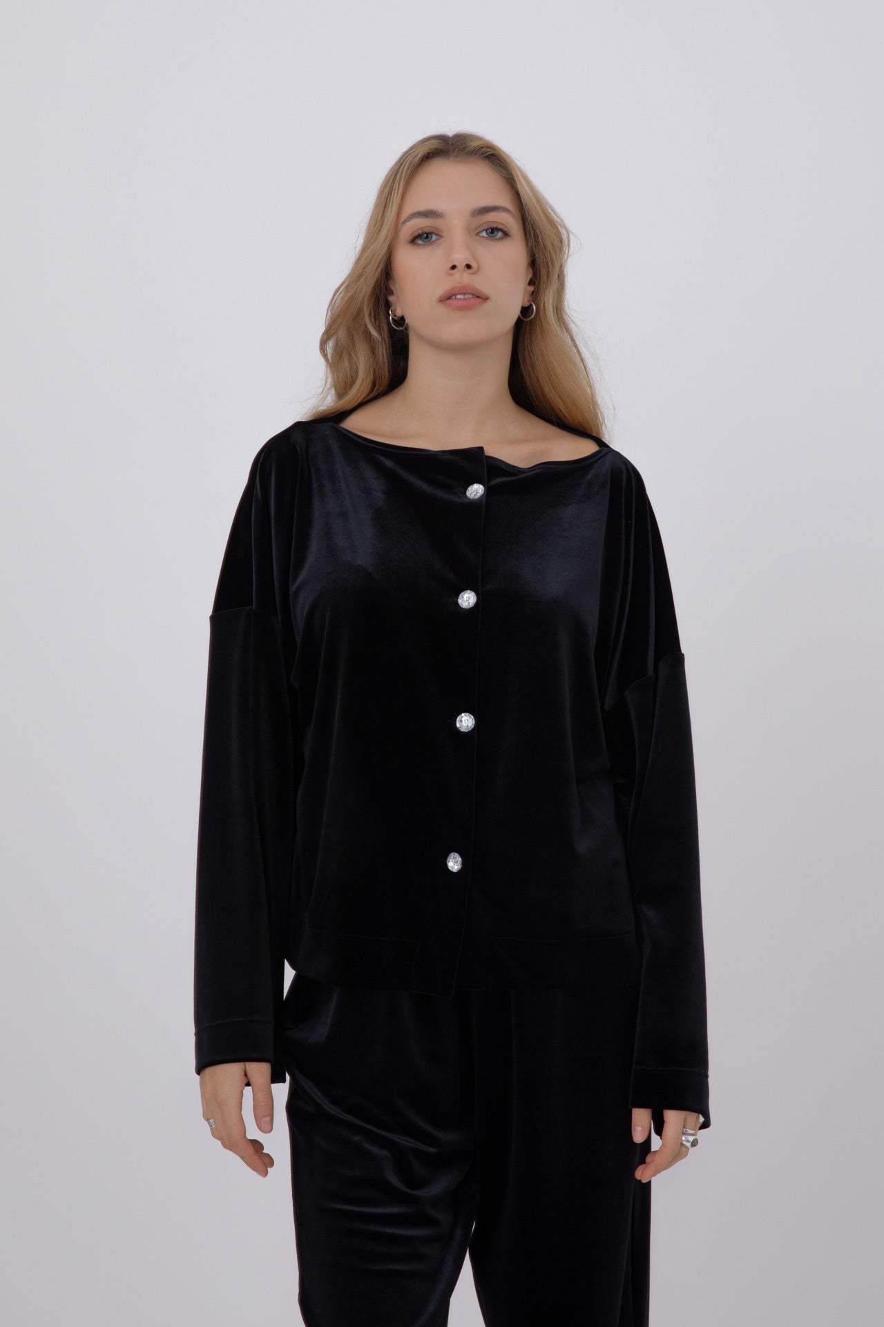Black Japanese Velvet Shirt with Round Crystal Buttons POPA