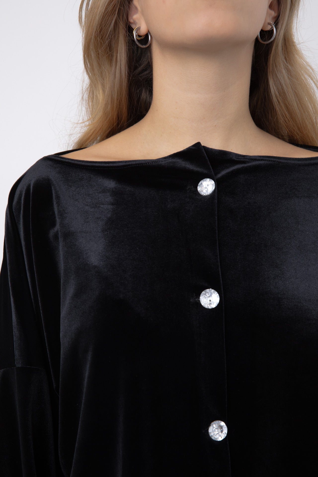 Black Japanese Velvet Shirt with Round Crystal Buttons POPA