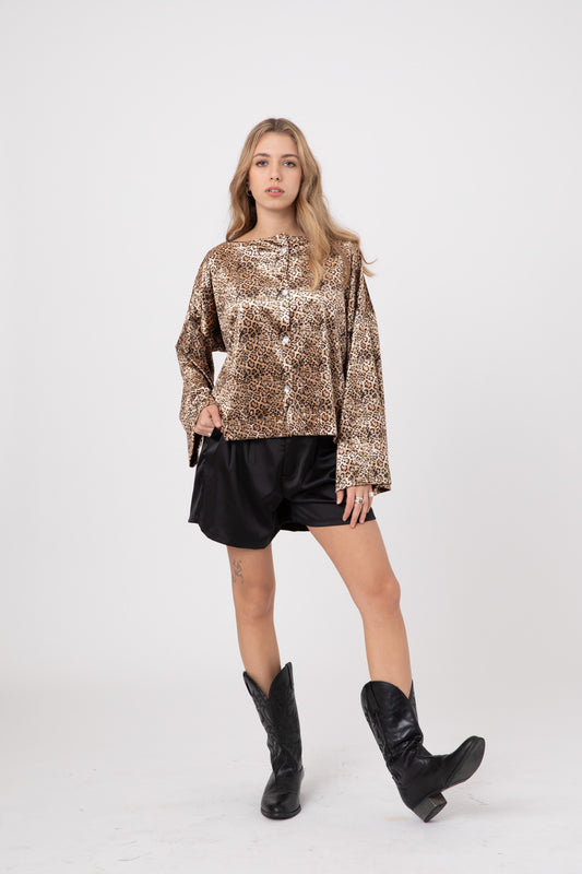 Leopard Japanese Velvet Shirt with Round Crystal Buttons POPA