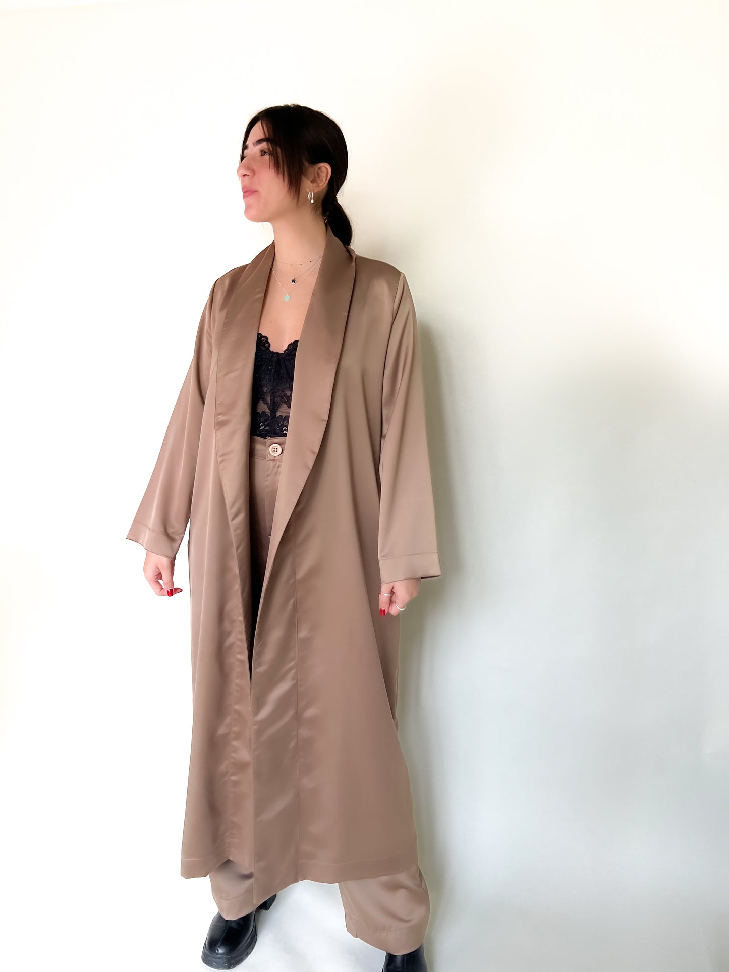 coffee Longline Lash  satin Jacket