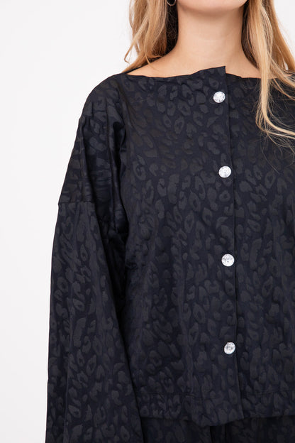 Black Lycra Shirt with Leopard Embossed Pattern- POPO