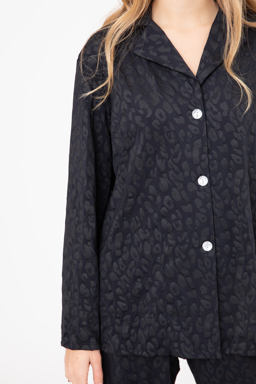 Black Notch Collar Shirt with Leopard-Embossed Pattern