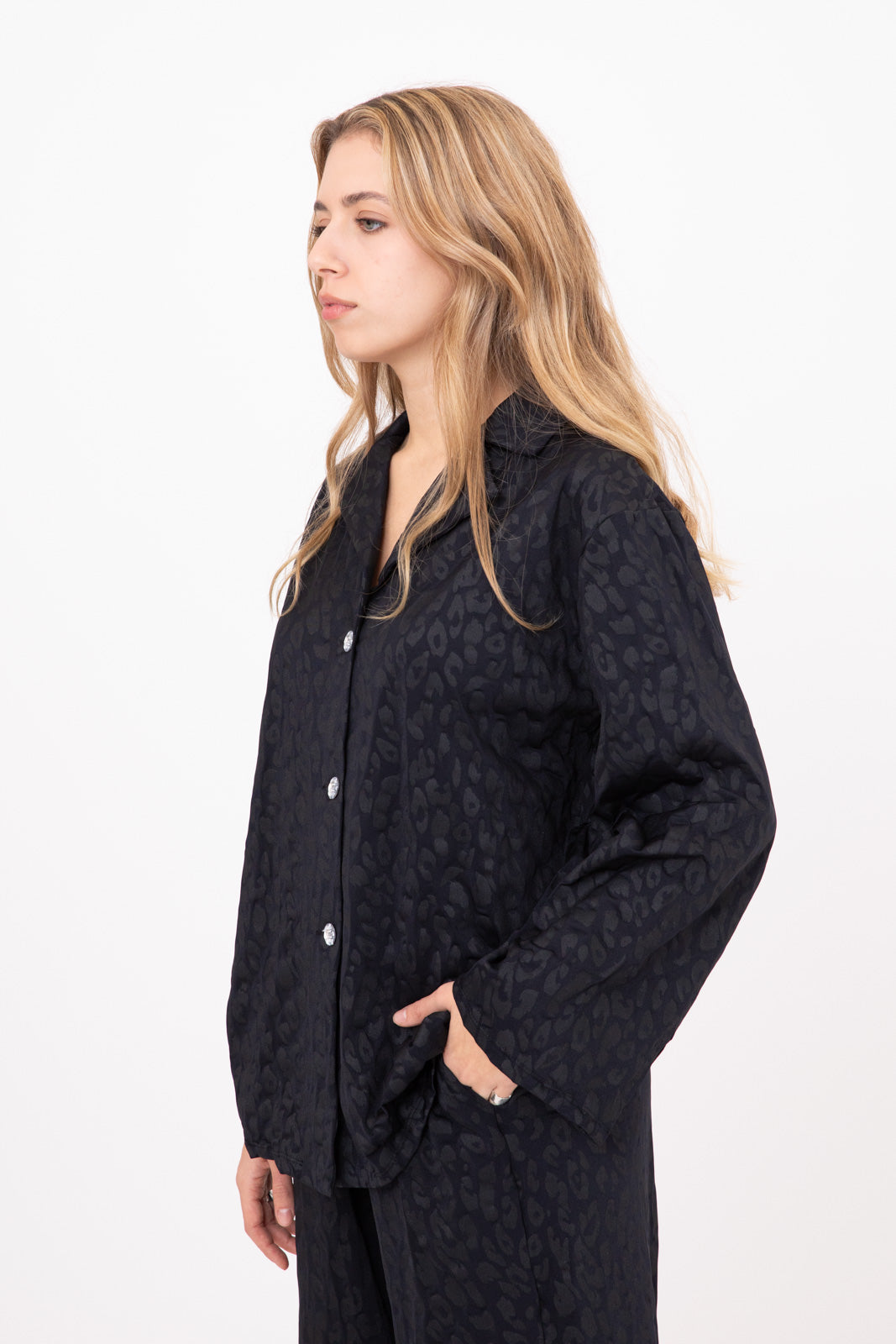 Black Notch Collar Shirt with Leopard-Embossed Pattern